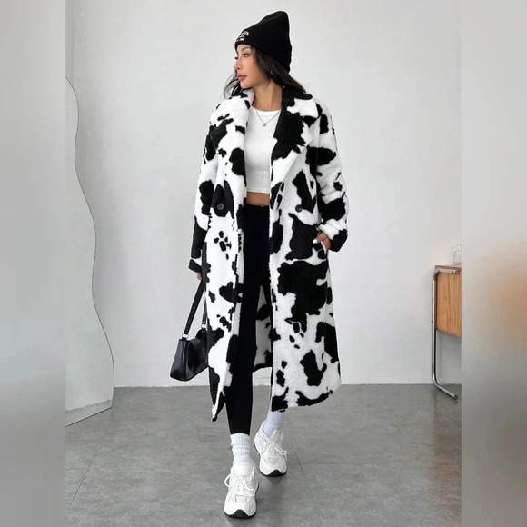 Women's Cow Print Faux Fur Long Coat - Picture 1 of 6